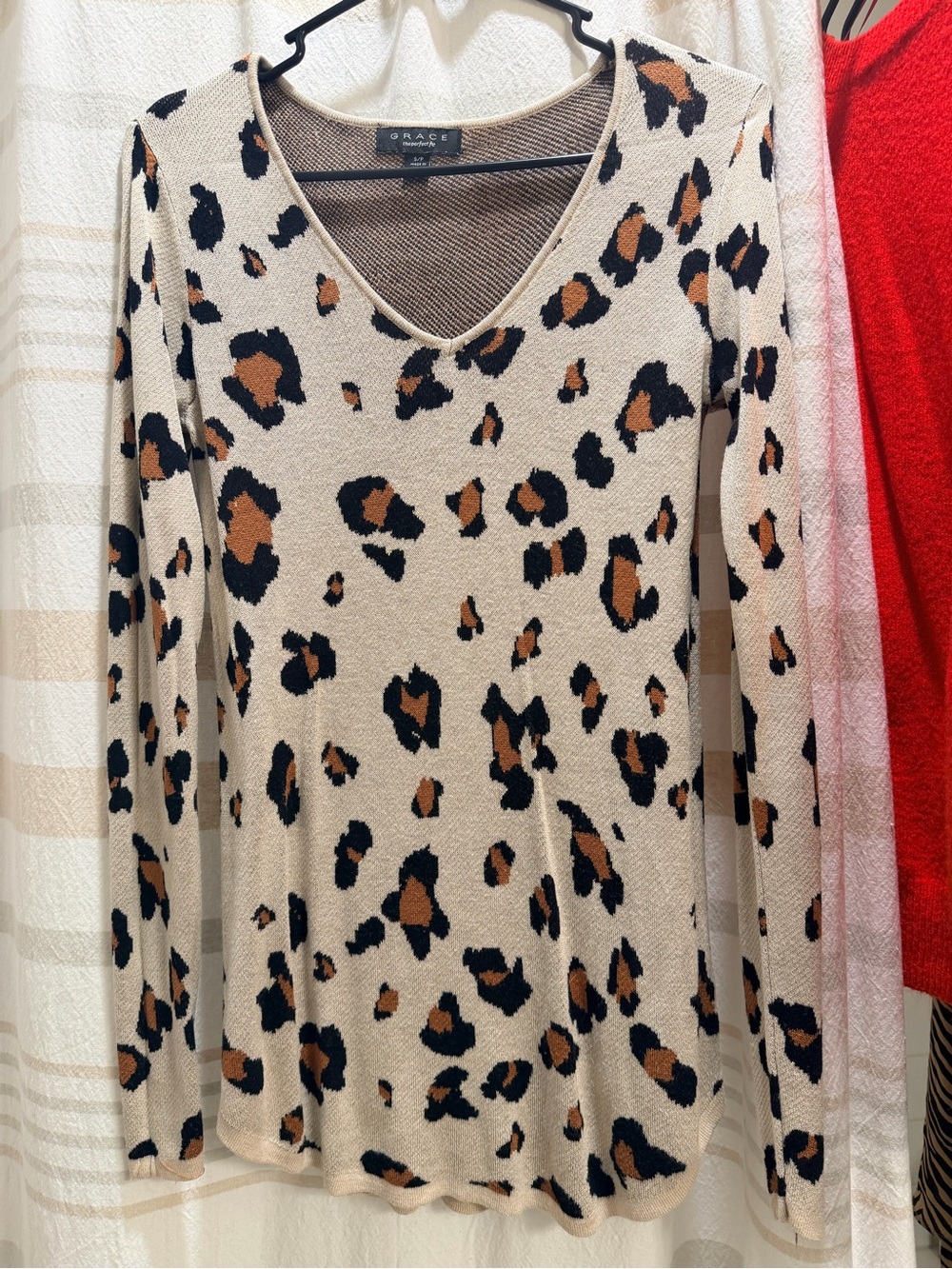 Grace Beige Leopard Print V-Neck Long Sleeve Top